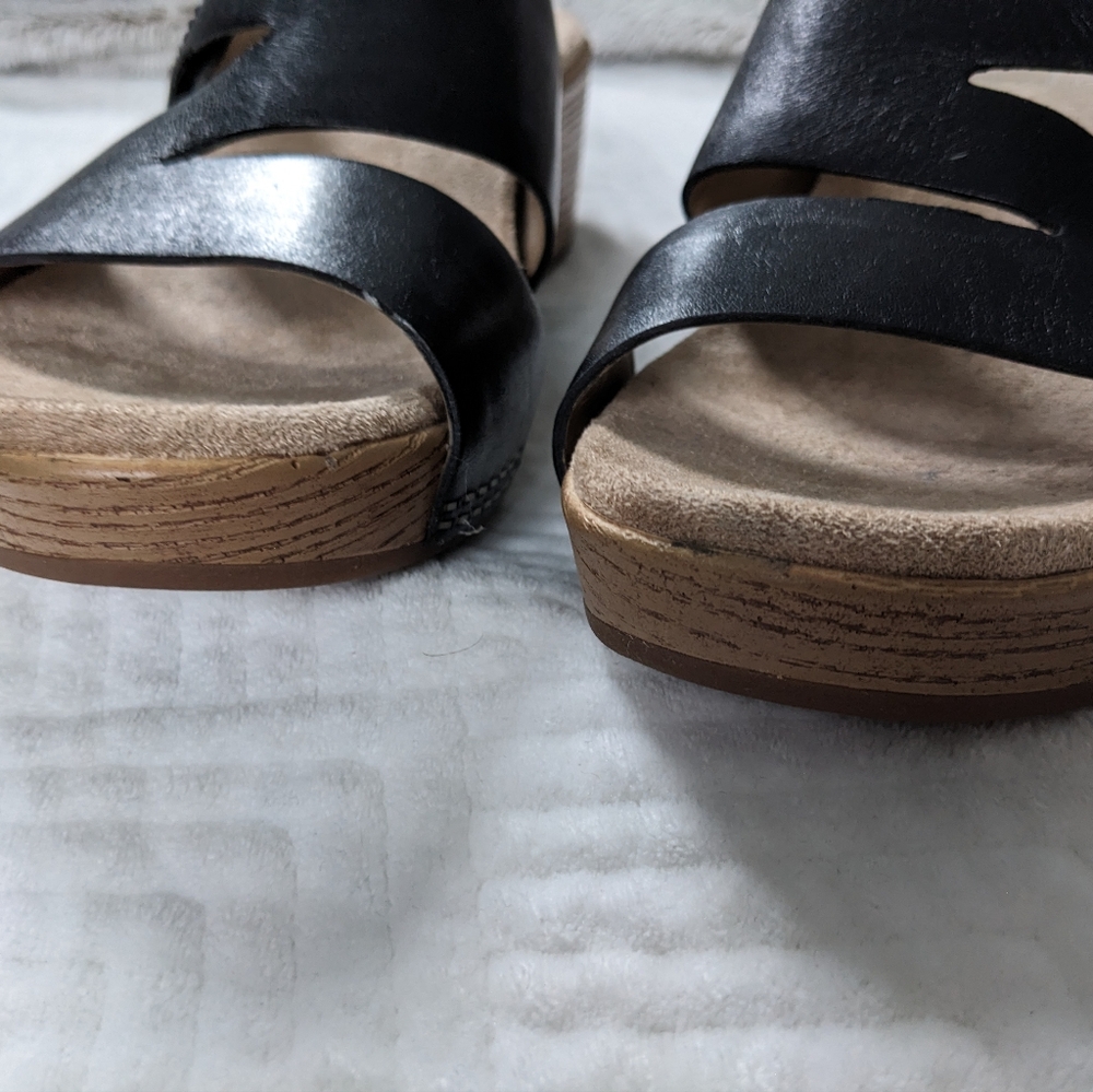 Dansko Black Leather Slide Mules with Wood-Effect Wedge - Picture 10 of 13